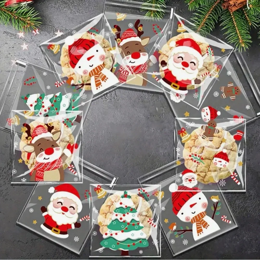 Christmas Self-Adhesive Transparent Plastic Gift Bags 25 ct w/ 5 Designs-NIP